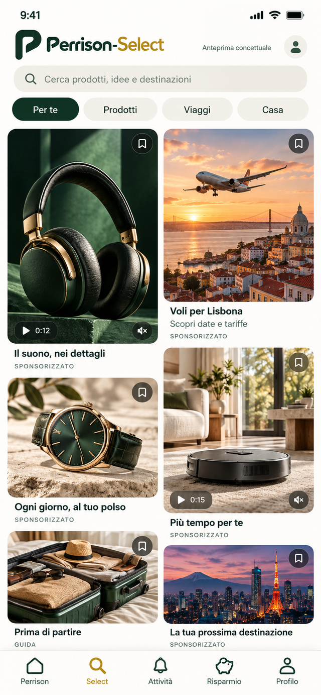 Anteprima concettuale del feed Perrison-Select: card editoriali e contenuti sponsorizzati chiaramente identificati